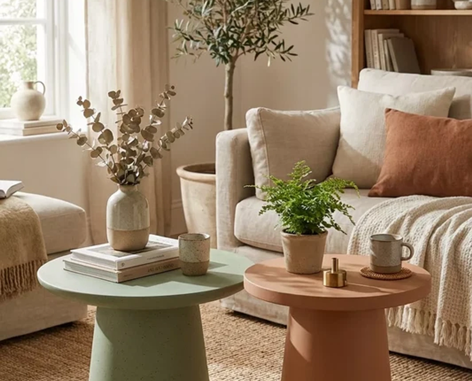 Living room furnished with sculptural microcement tables